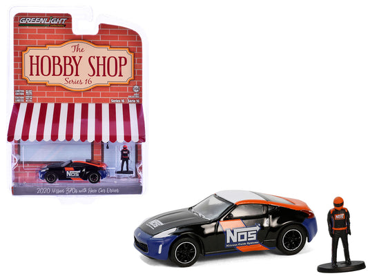 2020 Nissan 370z "NOS Nitrous Oxide Systems" Black with Graphics and Race Car Driver "The Hobby Shop" Series 16 1/64 Diecast Model Car