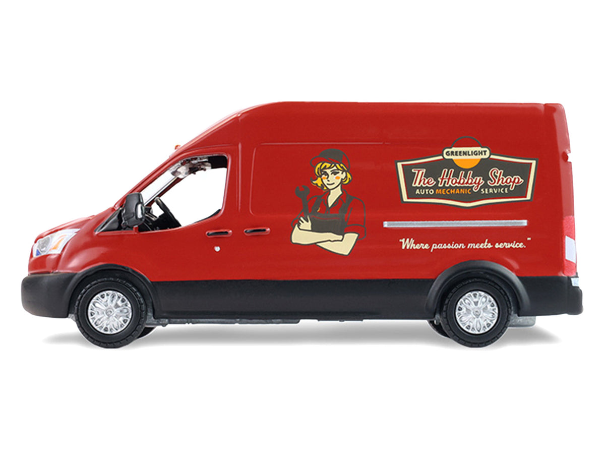 2019 Ford Transit LWB High Roof Van "Hobby Shop Auto Mechanic - Mobile Mechanic" Red with Car Jack and Battery "The Hobby Shop" Series 17 1/64 Diecast Model Car
