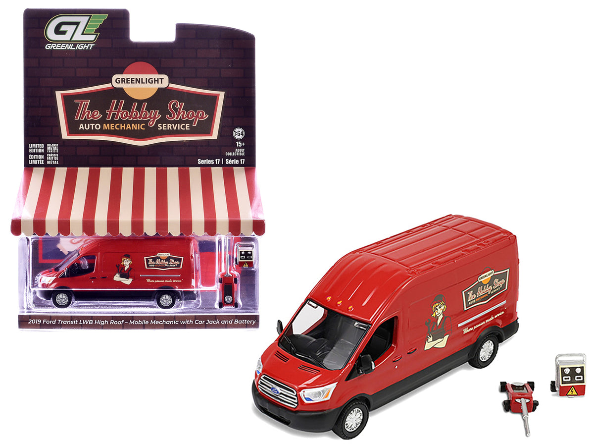 2019 Ford Transit LWB High Roof Van "Hobby Shop Auto Mechanic - Mobile Mechanic" Red with Car Jack and Battery "The Hobby Shop" Series 17 1/64 Diecast Model Car