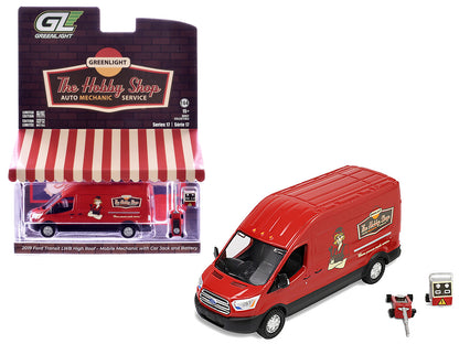 2019 Ford Transit LWB High Roof Van "Hobby Shop Auto Mechanic - Mobile Mechanic" Red with Car Jack and Battery "The Hobby Shop" Series 17 1/64 Diecast Model Car