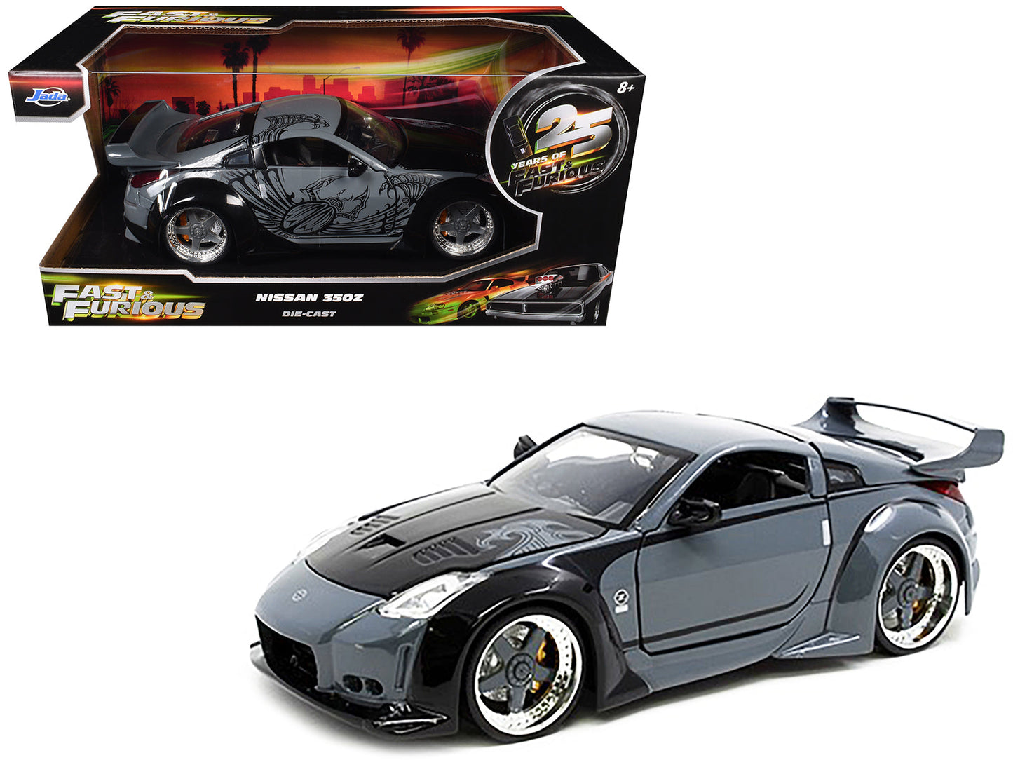 D.K.'s Nissan 350Z Gray and Black with Graphics "Fast & Furious 25th Anniversary" Series 1/24 Diecast Model Car