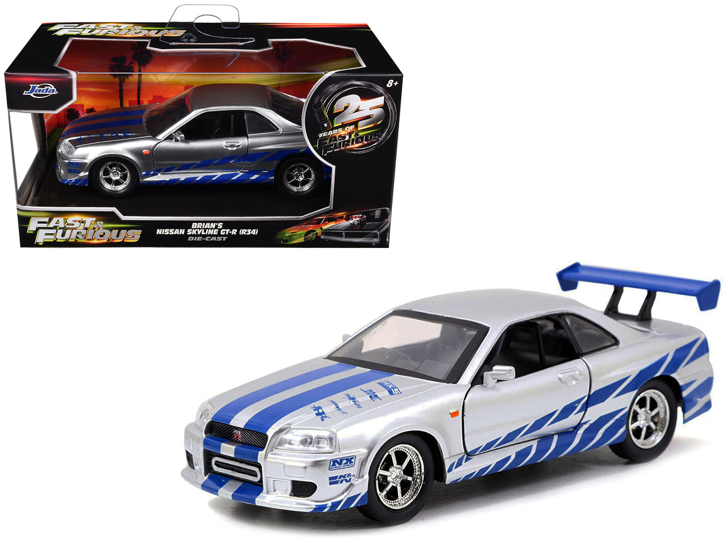 Brian's Nissan Skyline GT-R (R34) RHD (Right Hand Drive) Silver Metallic with Blue Stripes "2 Fast 2 Furious" (2003) Movie "Fast & Furious 25th Anniversary" Series 1/32 Diecast Car Model