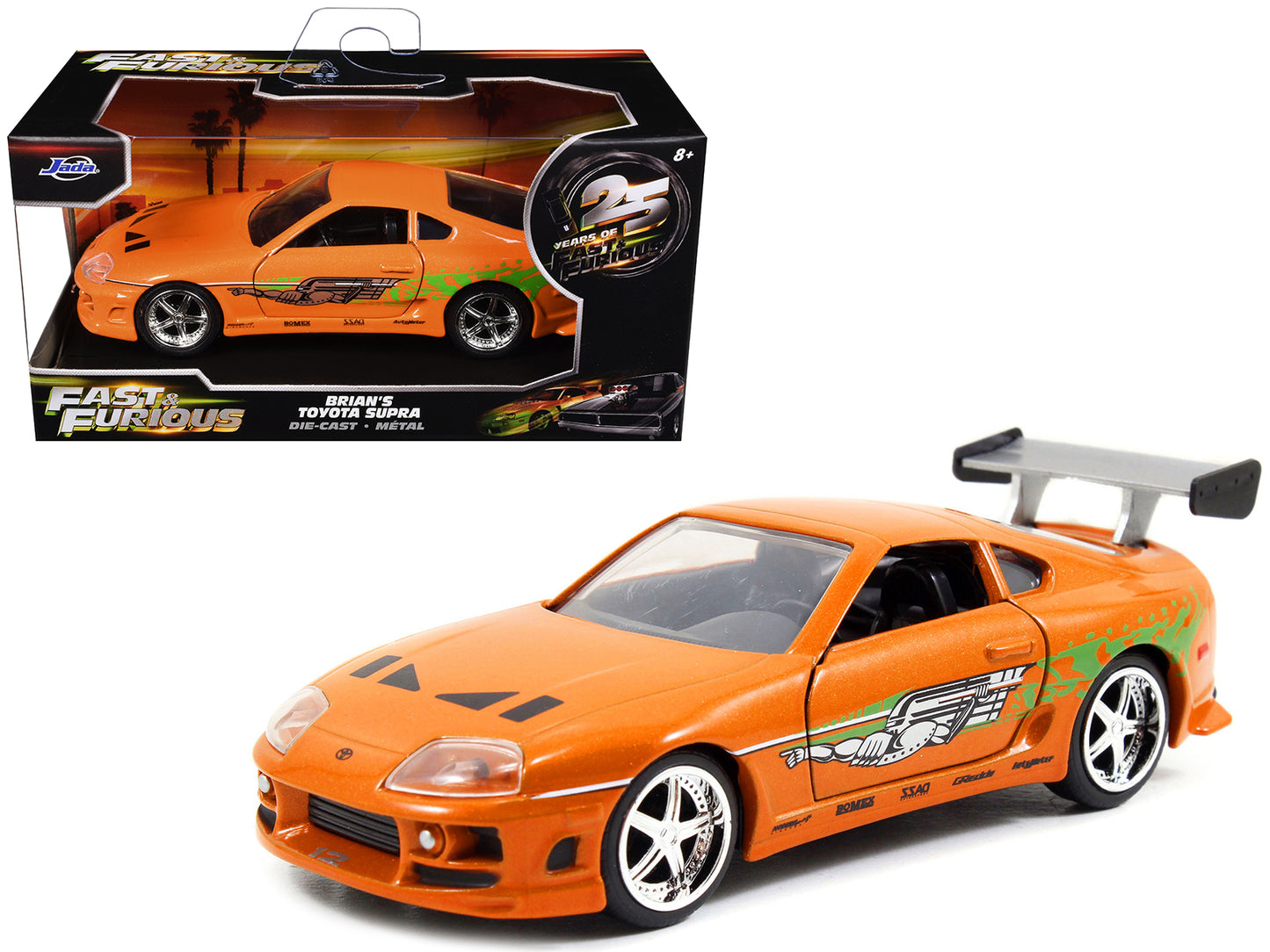 Brian's Toyota Supra Orange with Graphics "The Fast and the Furious" (2001) Movie "Fast & Furious 25th Anniversary" Series 1/32 Diecast Car Model