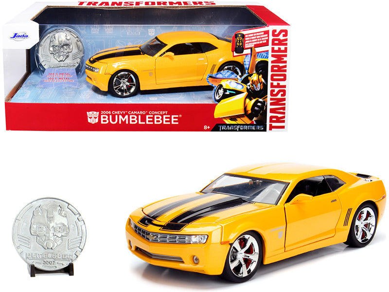 2006 Chevrolet Camaro Concept Yellow Bumblebee with Robot on Chassis and Collectible Metal Coin "Transformers" Movie 1/24 Diecast Model Car