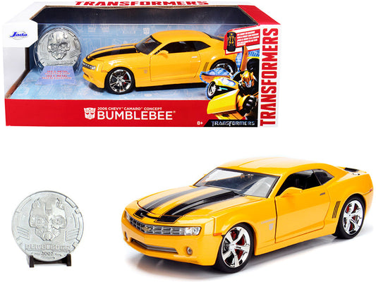 2006 Chevrolet Camaro Concept Yellow Bumblebee with Robot on Chassis and Collectible Metal Coin "Transformers" Movie 1/24 Diecast Model Car