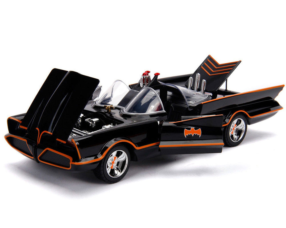 Classic TV Series Batmobile with Working Lights, and Diecast Batman and Robin Figures "80 Years of Batman" 1/18 Diecast Model Car