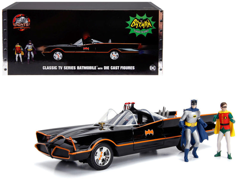 Classic TV Series Batmobile with Working Lights, and Diecast Batman and Robin Figures "80 Years of Batman" 1/18 Diecast Model Car