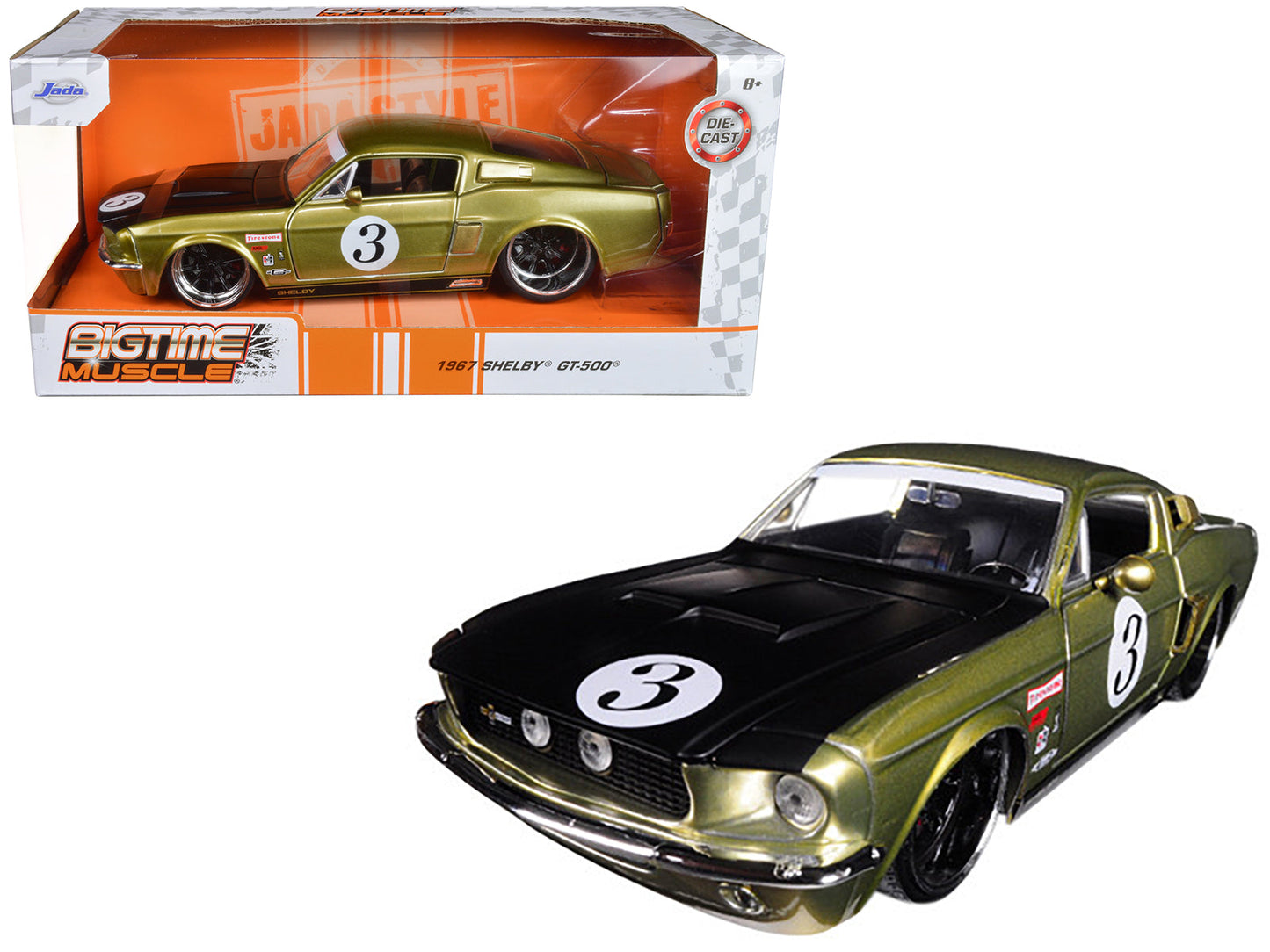 1967 Ford Shelby GT-500 #3 Gold with Matt Black Hood "Big Time Muscle" 1/24 Diecast Model Car