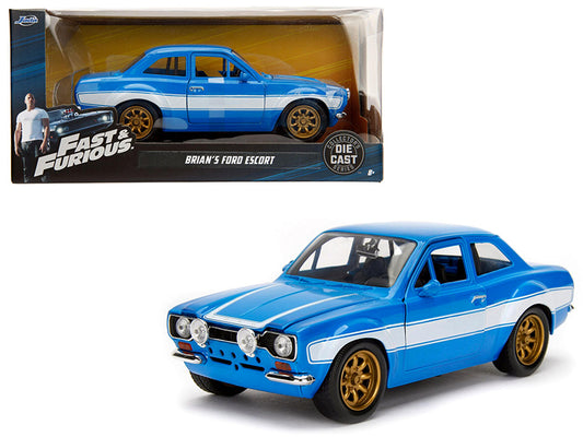 1970 Brian's Ford Escort Blue with White Stripes "Fast & Furious" Movie 1/24 Diecast Model Car