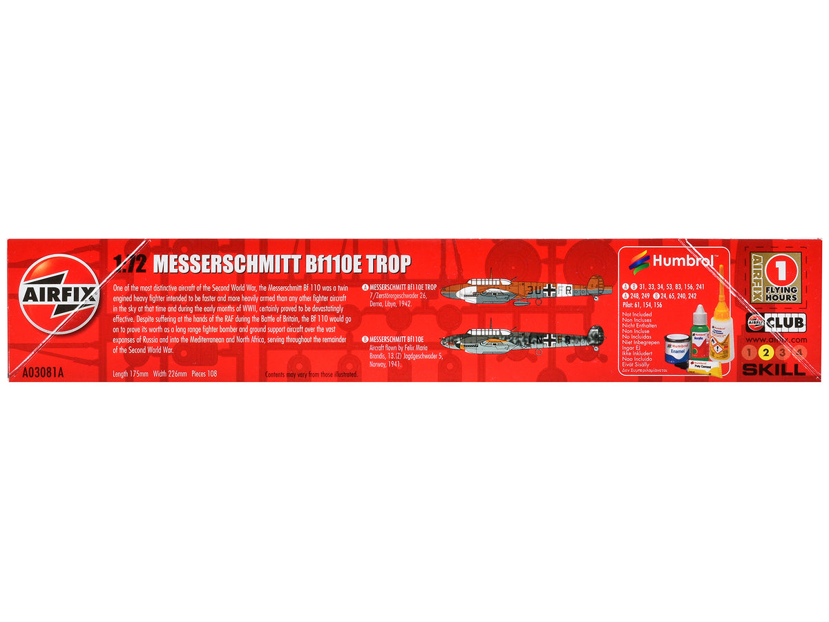 Level 2 Model Kit Messerschmitt Bf110E/E-2 TROP Fighter Aircraft with 2 Scheme Options 1/72 Plastic Model Kit