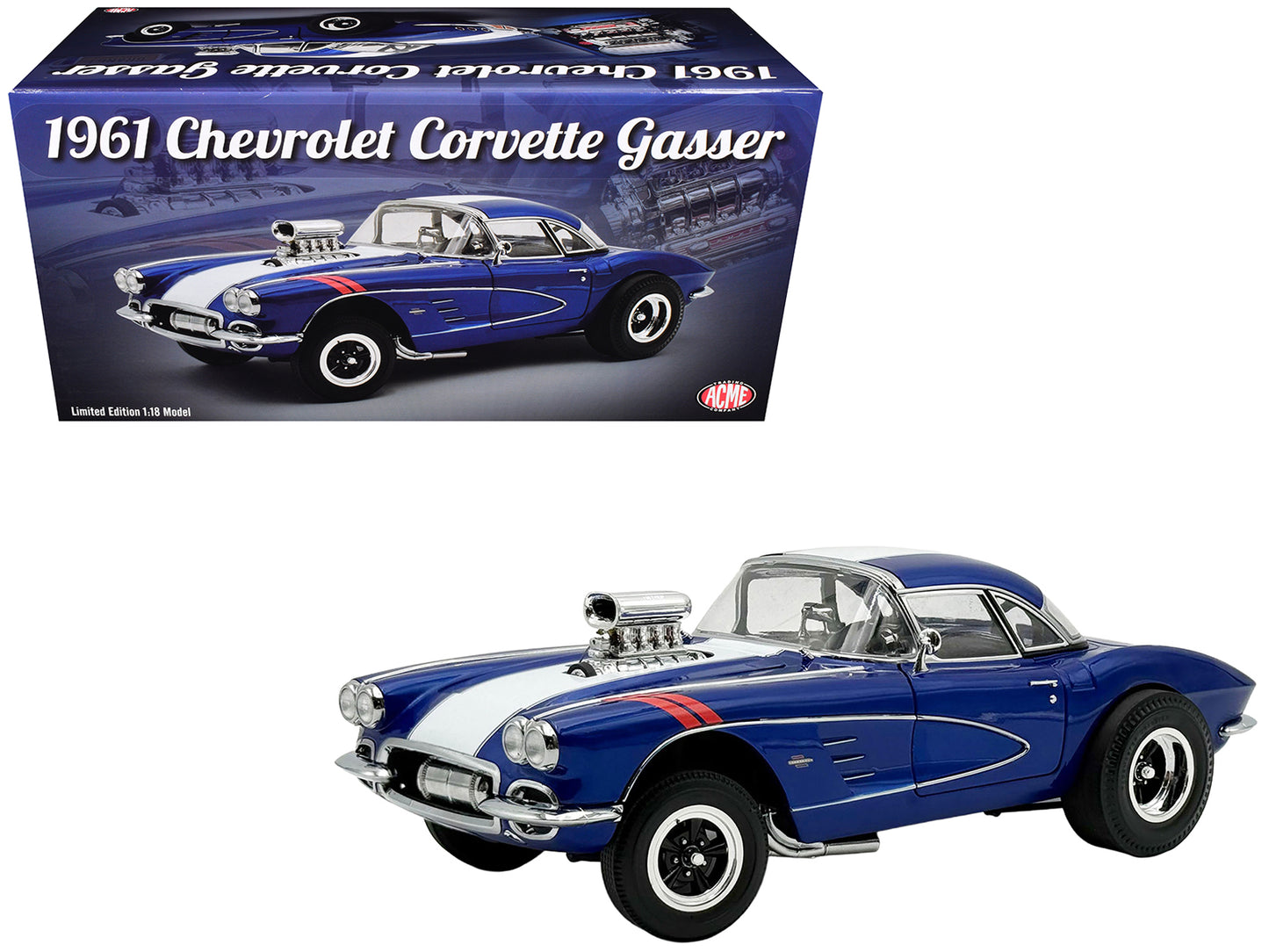 1961 Chevrolet Corvette Grand Sport Gasser Admiral Blue Metallic with White Stripe Limited Edition to 204 pieces Worldwide 1/18 Diecast Model Car