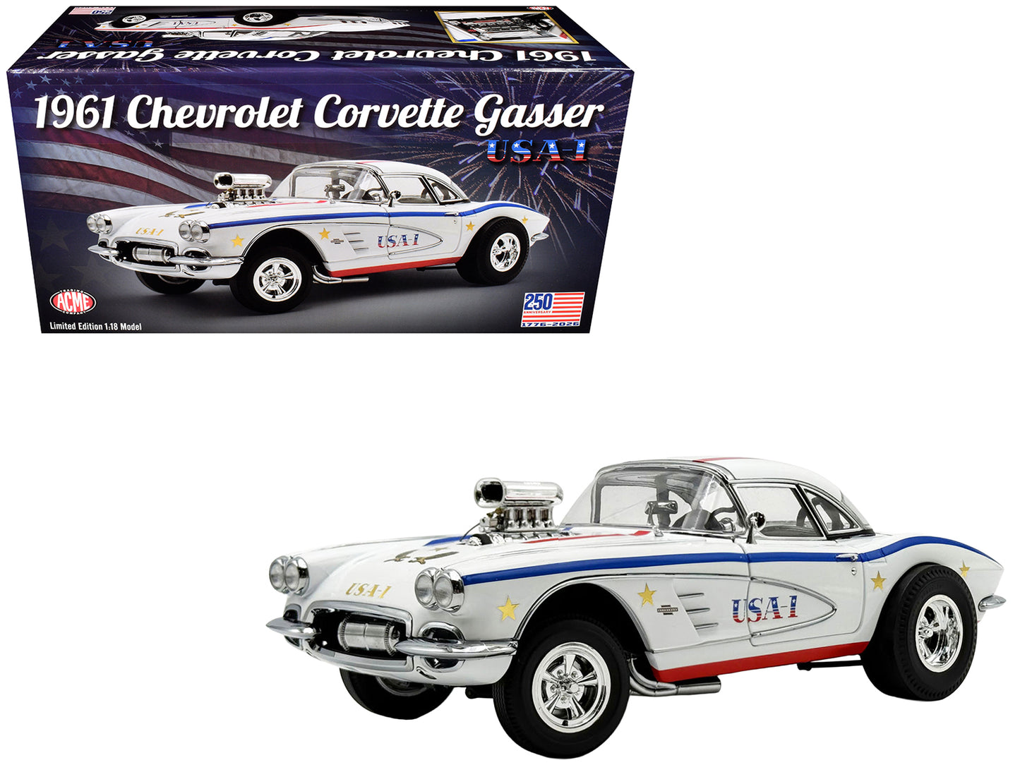 1961 Chevrolet Corvette Grand Sport Gasser "USA-1" White with Blue and Red Stripes Limited Edition to 362 pieces Worldwide 1/18 Diecast Model Car