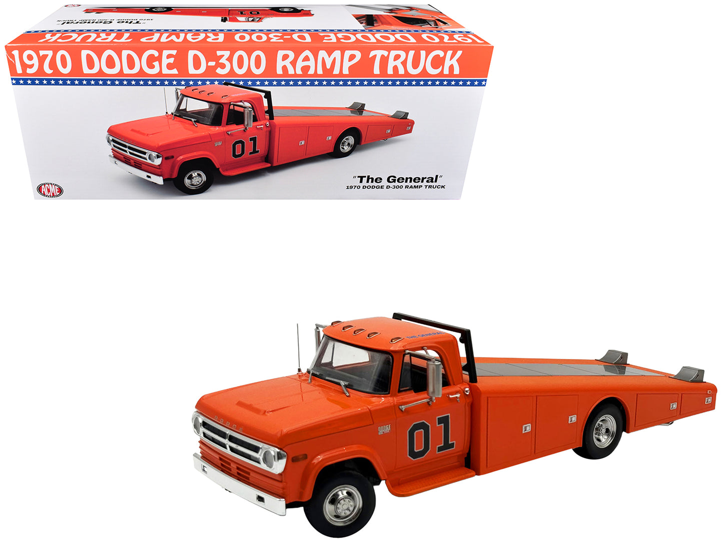 1970 Dodge D-300 Ramp Truck #01 "The General" Orange Limited Edition to 852 pieces Worldwide 1/18 Diecast Model Car