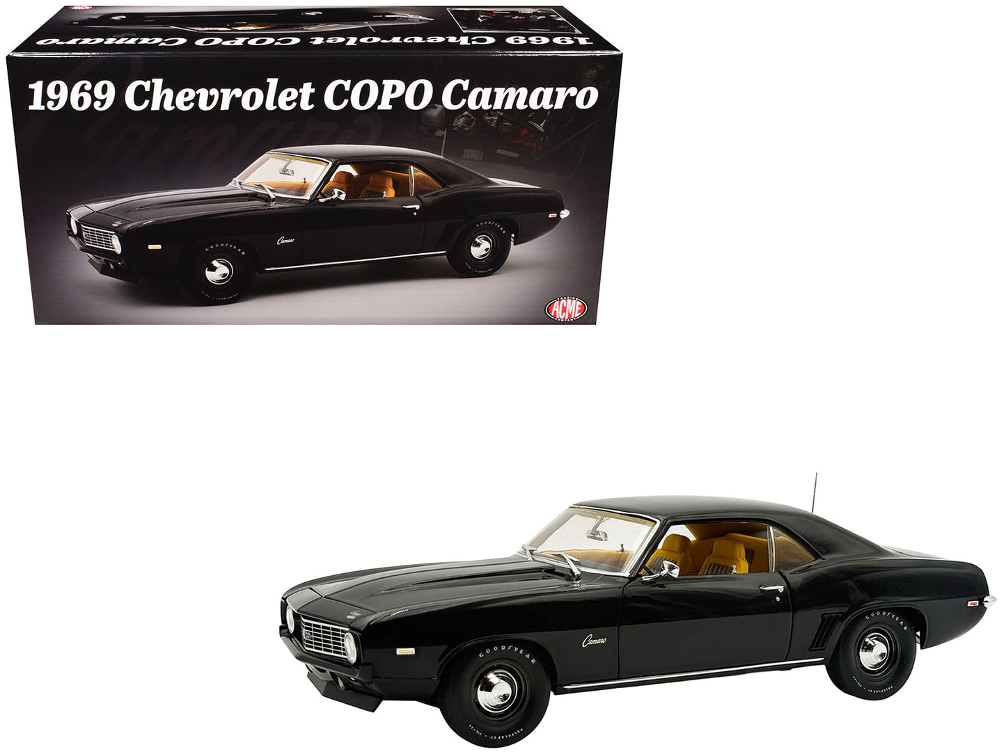1969 Chevrolet COPO Camaro Tuxedo Black with Yellow Interior Limited Edition to 402 pieces Worldwide 1/18 Diecast Model Car