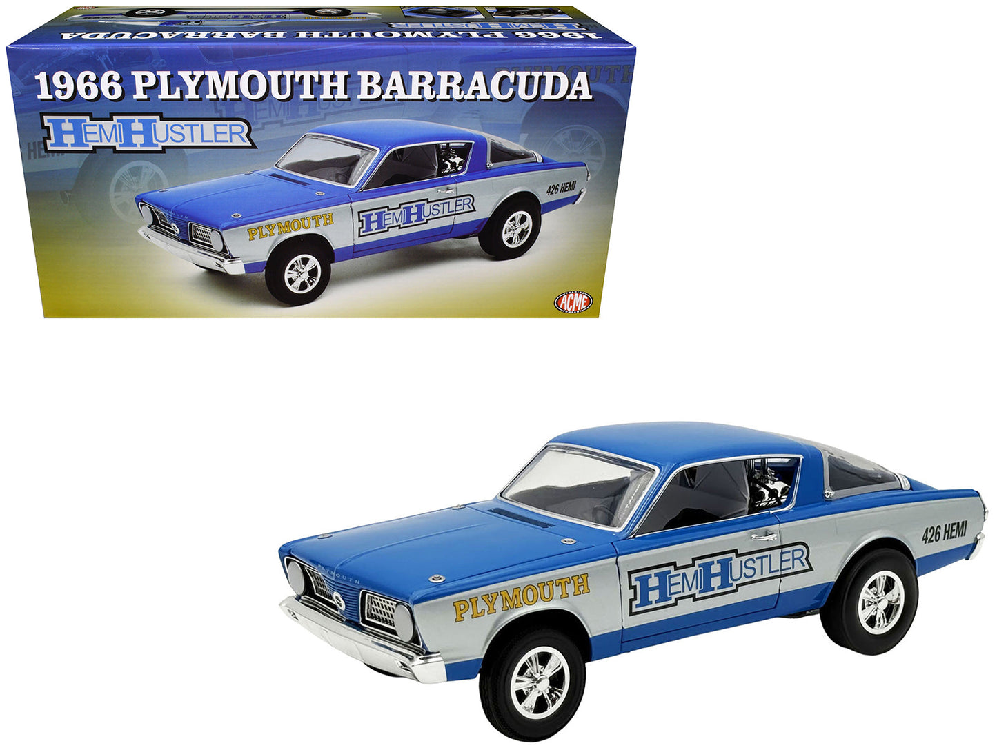 1966 Plymouth Barracuda "Hemi Hustler" Blue with White Stripes Limited Edition to 374 pieces Worldwide 1/18 Diecast Model Car