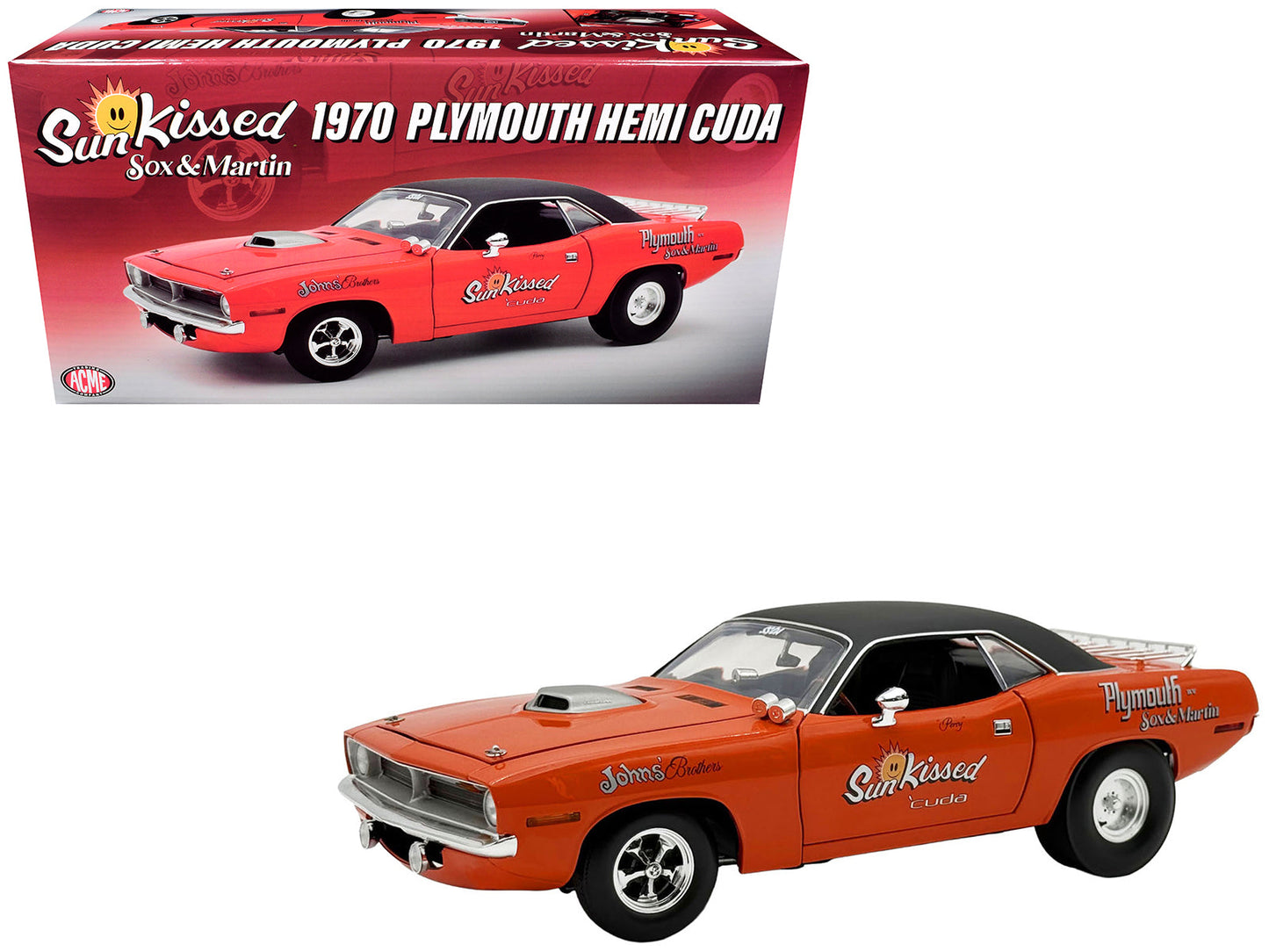 1970 Plymouth HEMI Cuda "Sun Kissed Cuda - Sox & Martin" Vitamin C Orange with Black Vinyl Top Limited Edition to 444 pieces Worldwide 1/18 Diecast Model Car