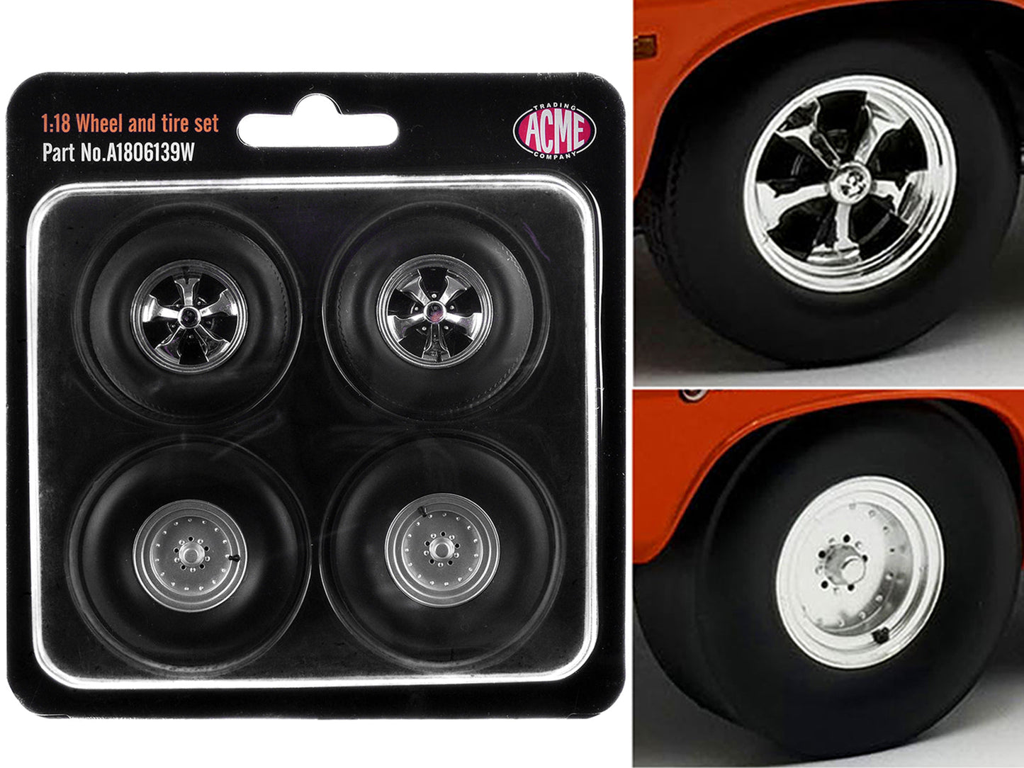 "Centerline/Keystone" Wheel and Tire Set of 4 pieces from 1970 Plymouth HEMI Cuda for 1/18 Scale Models