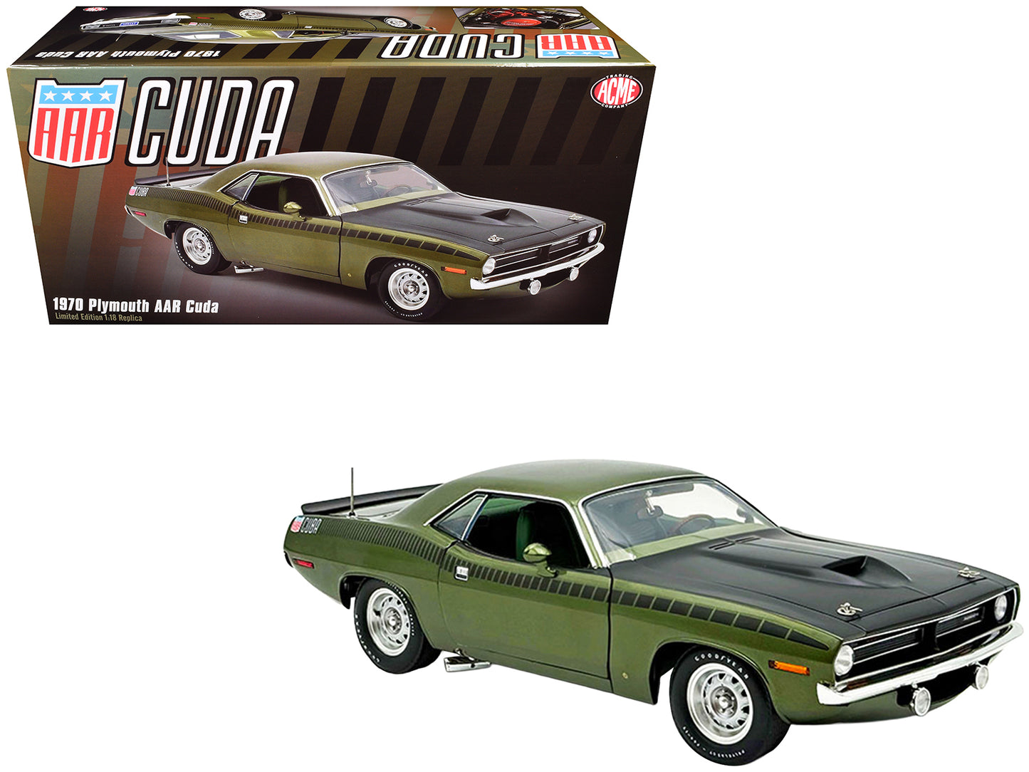 1970 Plymouth AAR Cuda Ivy Green Metallic with Black Stripes and Green Interior Limited Edition to 576 pieces Worldwide 1/18 Diecast Model Car