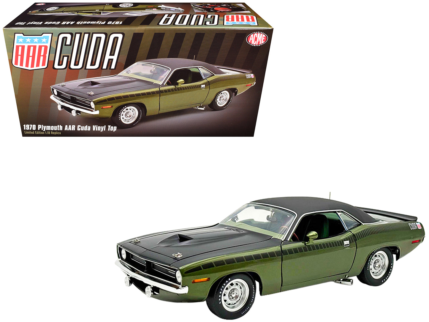 1970 Plymouth AAR Cuda Ivy Green Metallic with Black Stripes and Black Vinyl Top with Green Interior Limited Edition to 448 pieces Worldwide 1/18 Diecast Model Car