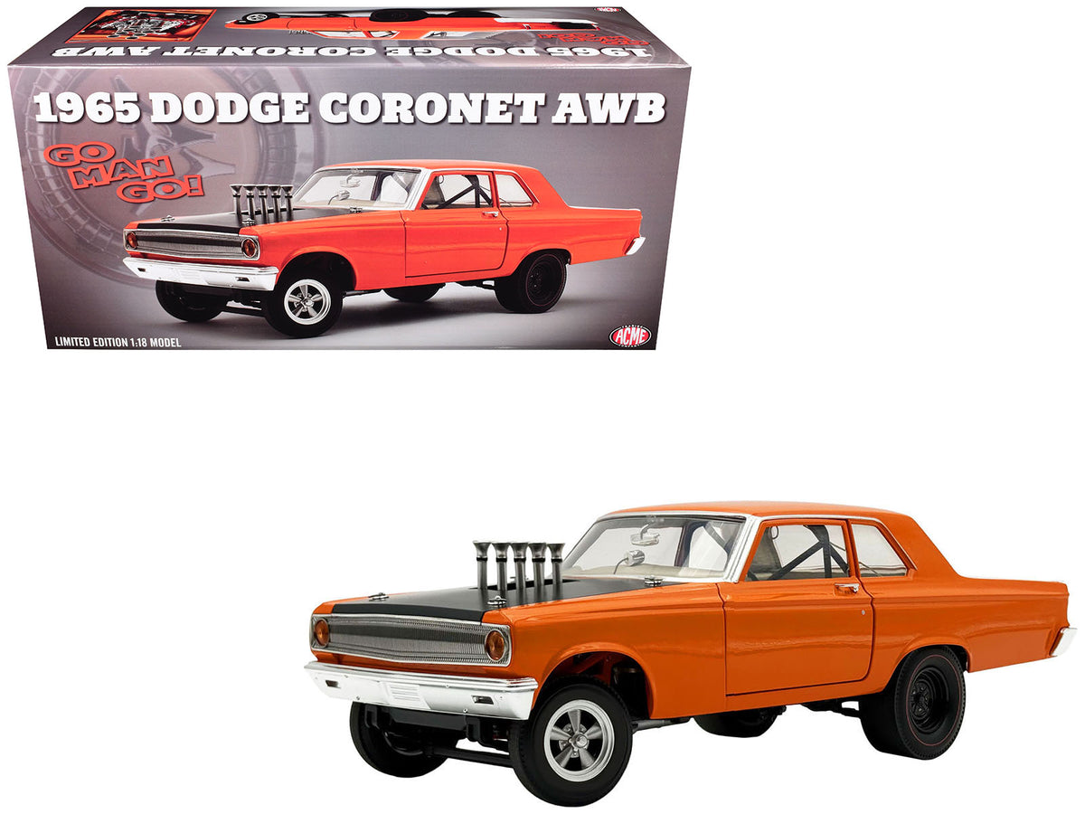1965 Dodge Coronet AWB "Go Man Go" Go Mango Orange with Black Hood Limited Edition to 300 pieces Worldwide 1/18 Diecast Model Car