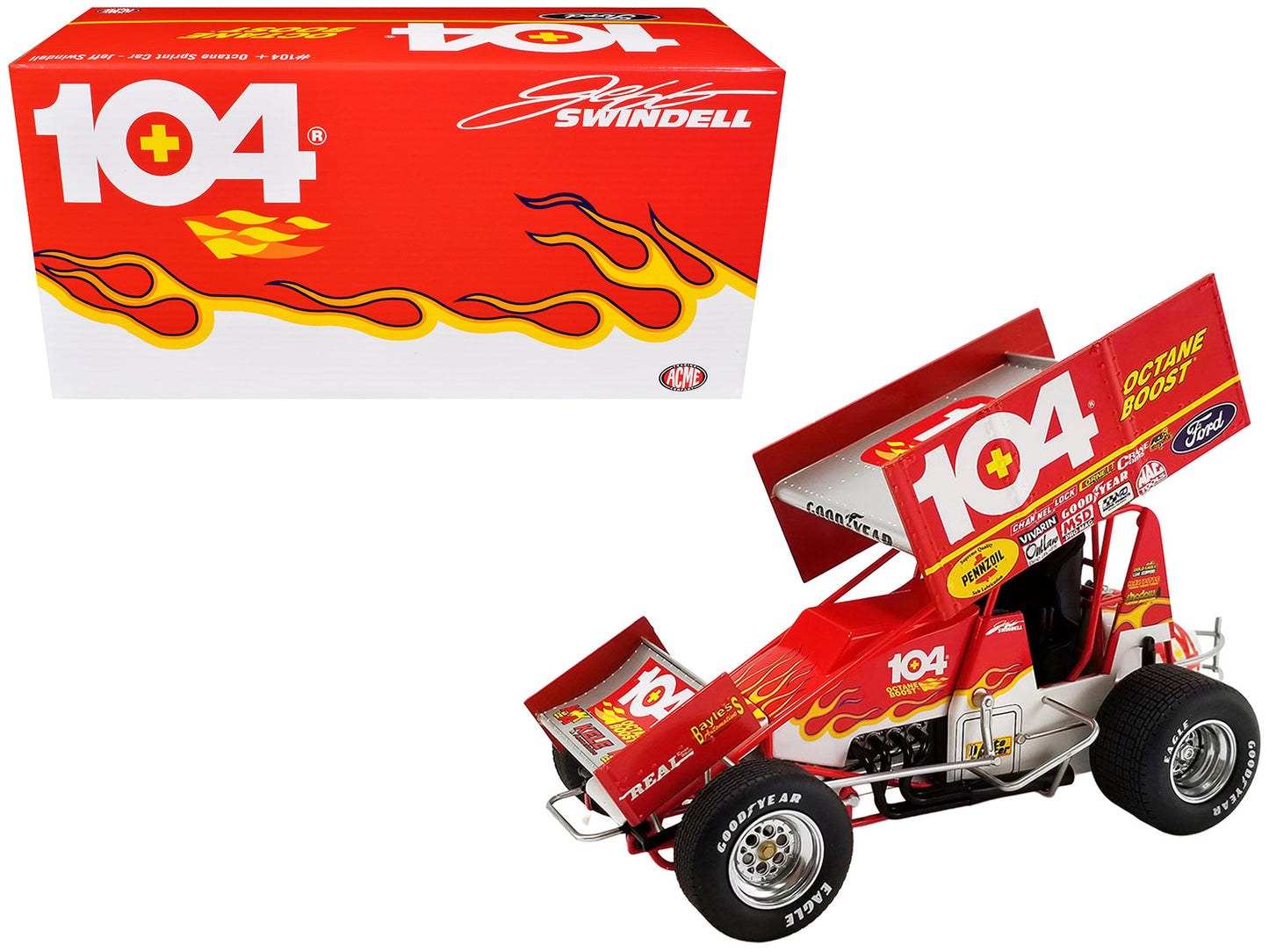 Winged Sprint Car #104+ Jeff Swindell "Octane Boost" Red with Graphics "National Sprint Car Hall of Fame" 1/18 Diecast Model Car