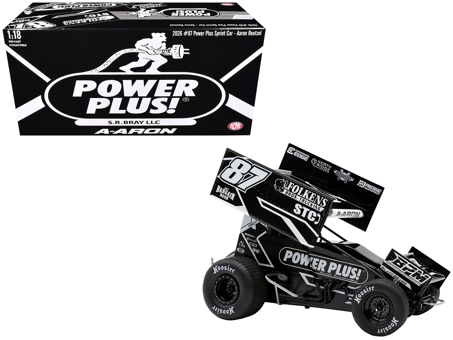 Winged Sprint Car #87 Aaron Reutzel "Power Plus" Black (2026) 1/18 Diecast Model Car
