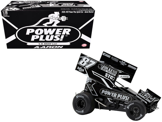Winged Sprint Car #87 Aaron Reutzel "Power Plus" Black (2026) 1/18 Diecast Model Car