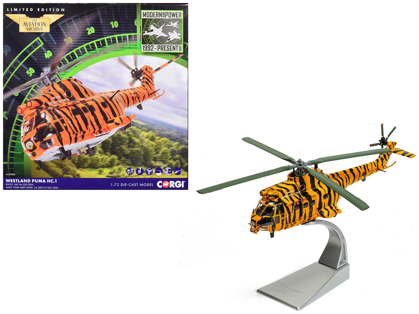 Westland Puma HC-1 Helicopter "No. 230 Squadron NATO Tiger Meet livery RIAT" (2005) Royal Air Force "The Aviation Archive" Series 1/72 Diecast Model