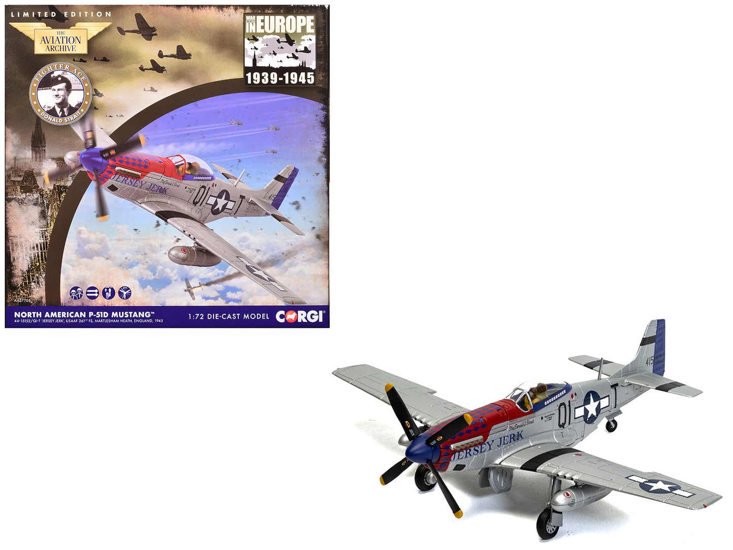 North American P-51D Mustang Aircraft "Jersey Jerk 361st Fighter Squadron Martlesham Heath" United States Army Air Forces "The Aviation Archive" Series 1/72 Diecast Model