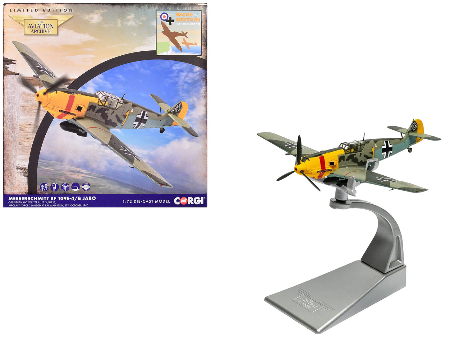 Messerschmitt Bf 109E-4/B Jabo Fighter-Bomber Aircraft "Oberleutnant Walter Rupp 3./JG53 RAF Manston Battle of Britain" (1940) German Luftwaffe "The Aviation Archive" Series 1/72 Diecast Model