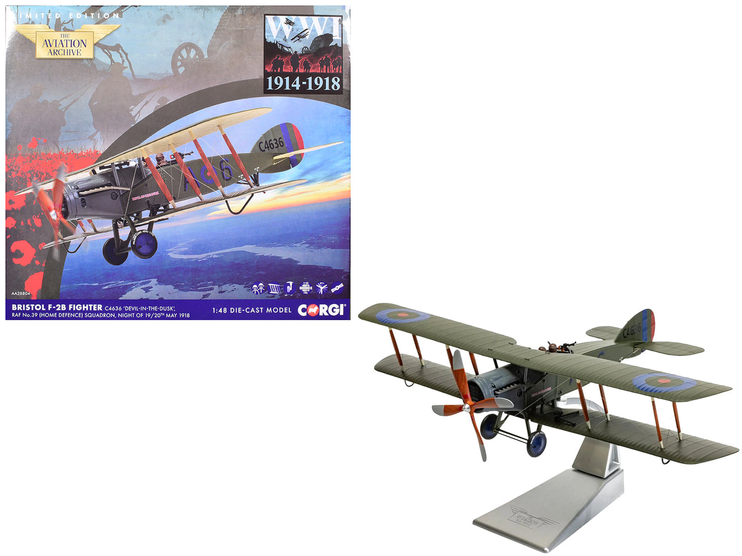 Bristol F-2B Fighter Aircraft "C4636 Devil-in-the-Dusk No. 39 Squadron" (1918) Royal Flying Corps "The Aviation Archive" Series 1/48 Diecast Model