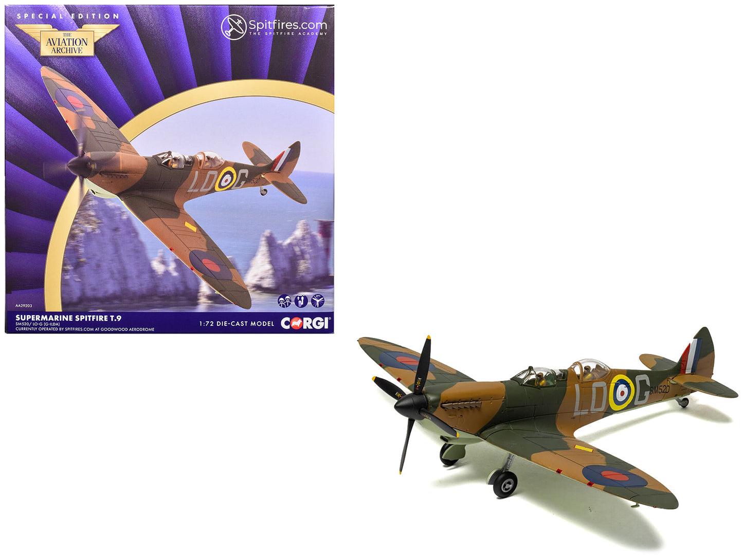 Supermarine Spitfire T.9 Aircraft "SM520 Spitfires.com Goodwood Aerodrome" British Royal Air Force "The Aviation Archive" Series 1/72 Diecast Model