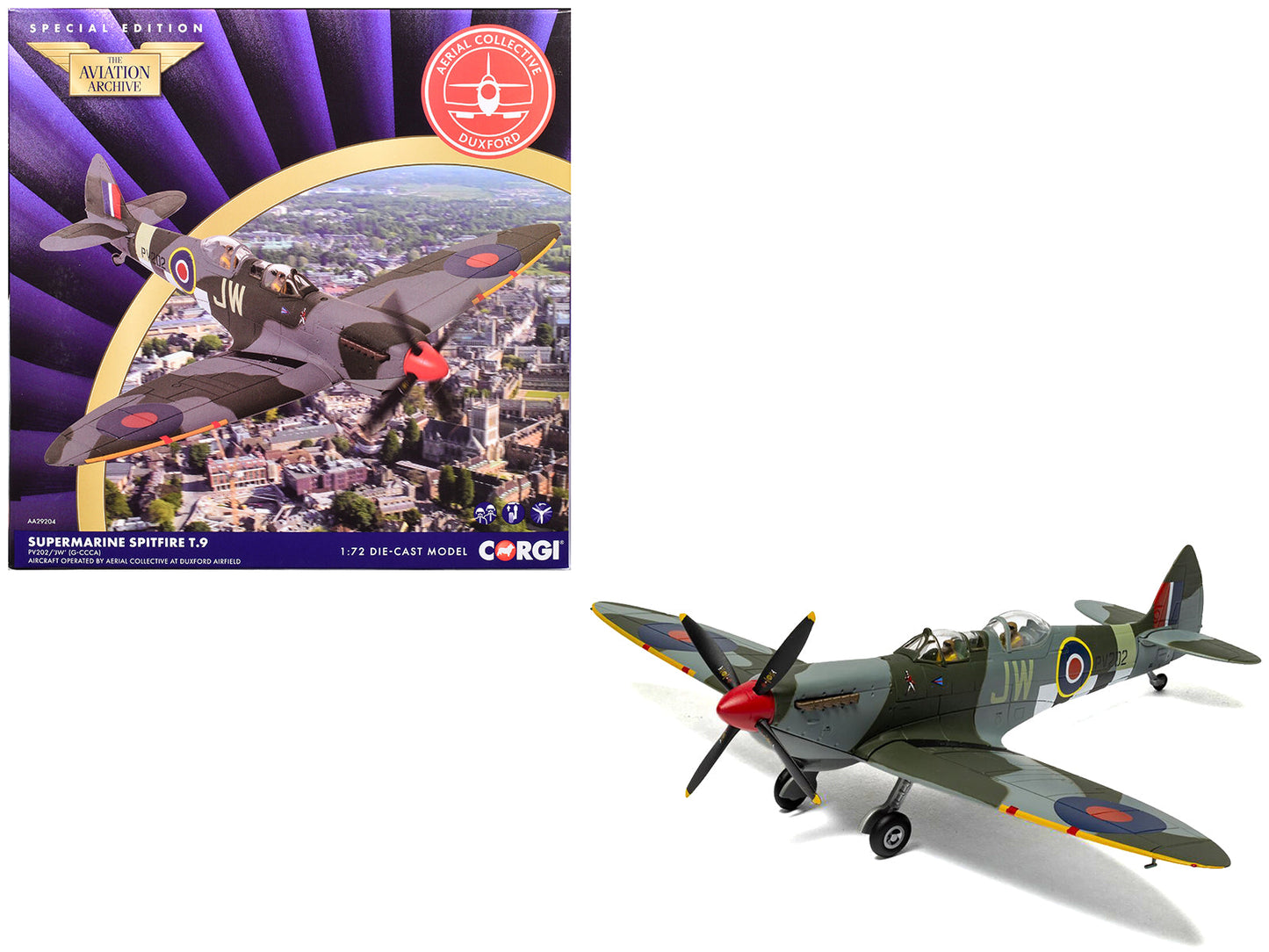 Supermarine Spitfire T.9 Aircraft "PV202 Aerial Collective at Duxford Airfield" British Royal Air Force "The Aviation Archive" Series 1/72 Diecast Model