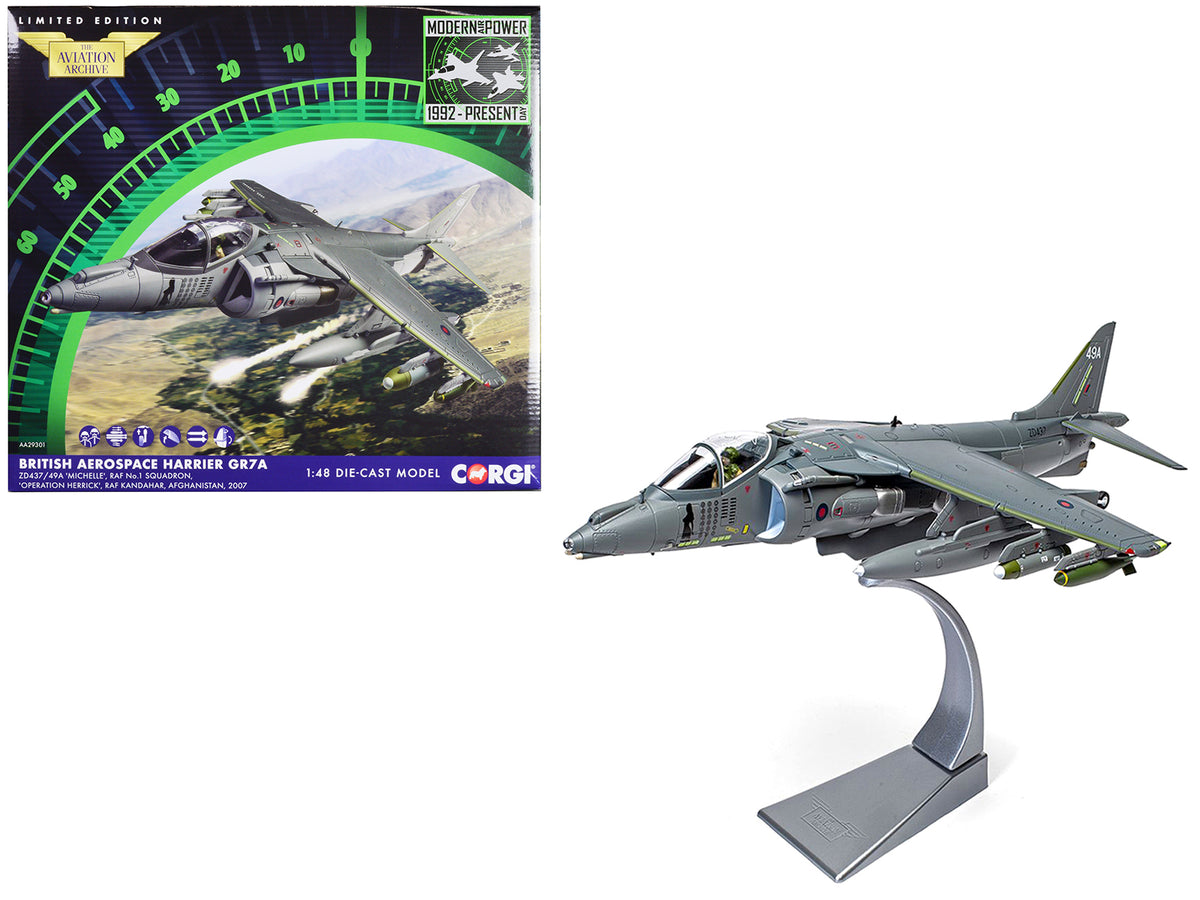 British Aerospace Harrier GR7A Aircraft "Michelle RAF No.1 Squadron Operation Herrick RAF Kandahar Afghanistan" (2007) Royal Air Force "The Aviation Archive" Series 1/48 Diecast Model