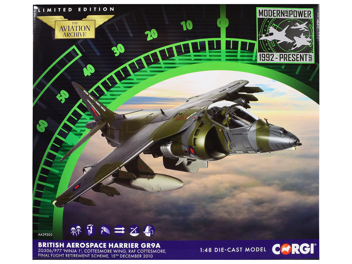 British Aerospace Harrier GR9A Aircraft "ZG506/P77 Ninja 1 RAF Cottesmore Final Flight Retirement Scheme" (2010) Royal Air Force "The Aviation Archive" Series 1/48 Diecast Model