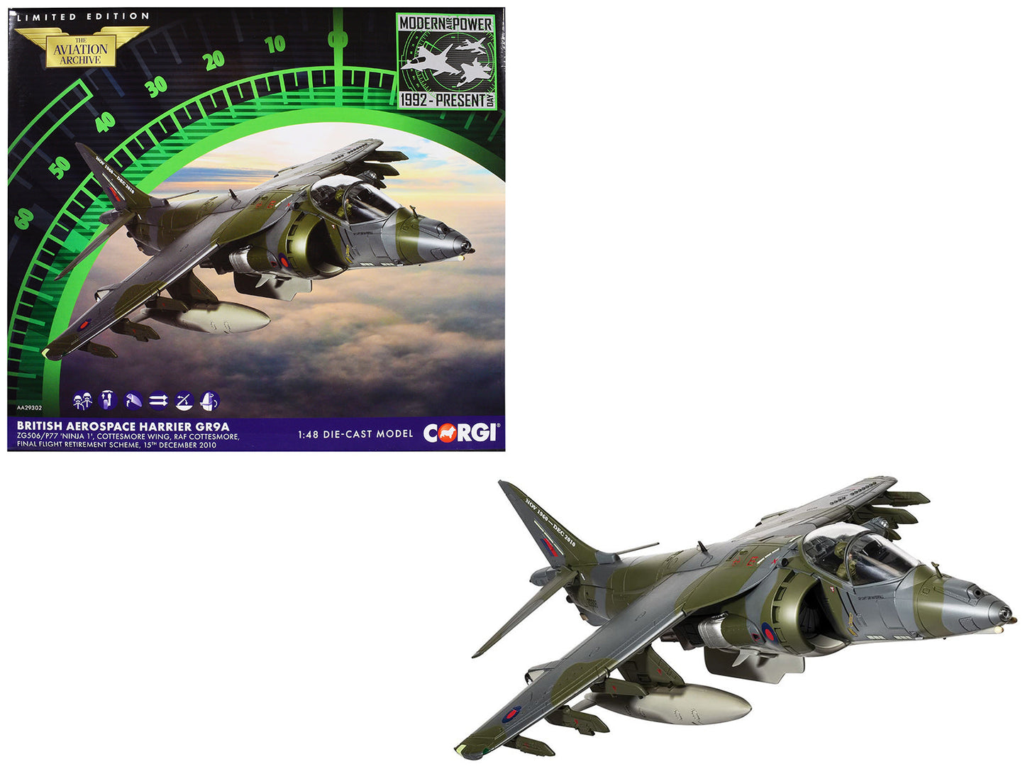 British Aerospace Harrier GR9A Aircraft "ZG506/P77 Ninja 1 RAF Cottesmore Final Flight Retirement Scheme" (2010) Royal Air Force "The Aviation Archive" Series 1/48 Diecast Model