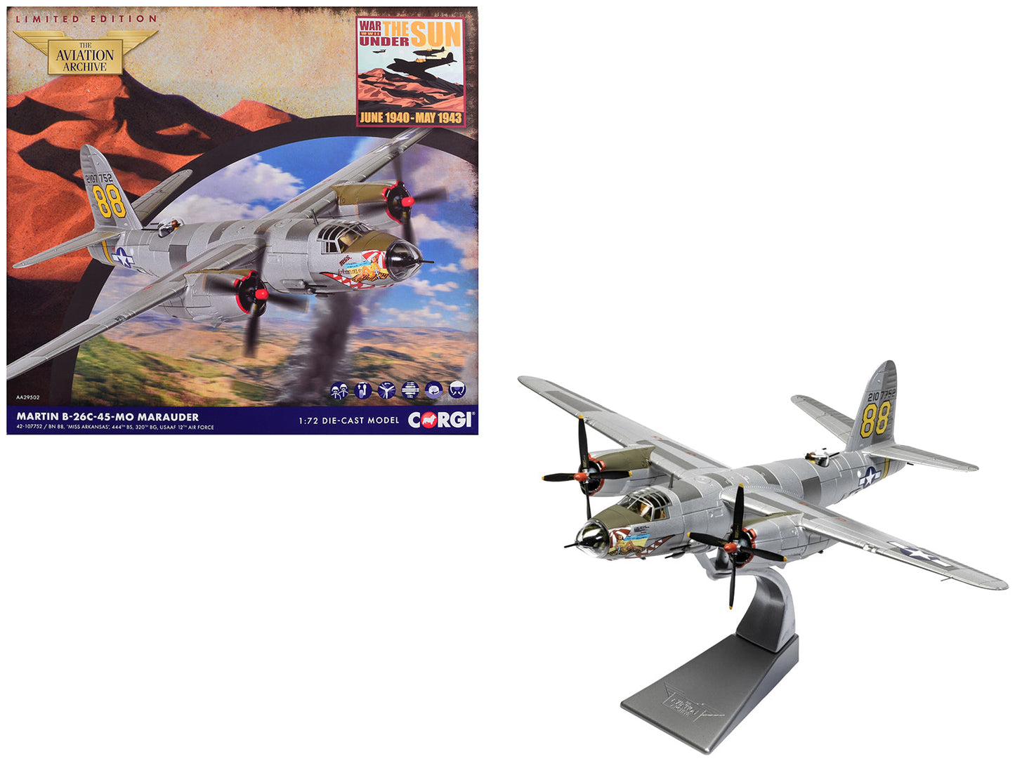 Martin B-26C-45-MO Marauder Aircraft "42-107752 Miss Arkansas 444th BS 320th BG 12th Air Force" (1944) United States Army Air Forces "The Aviation Archive" Series 1/72 Diecast Model