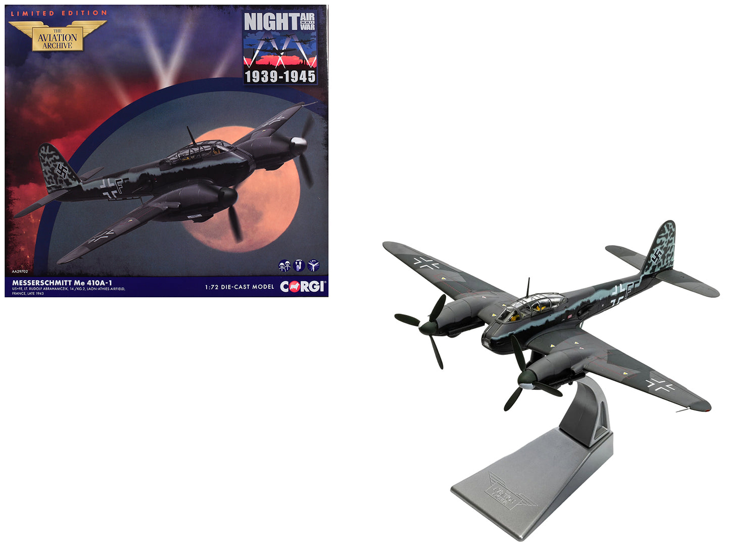Messerschmitt Me 410A-1 Aircraft "U5+FE Lt. Rudolf Abrahamczik 14./KG.2 Laon-Athies Airfield France" (1943) German Luftwaffe "The Aviation Archive" Series 1/72 Diecast Model Car