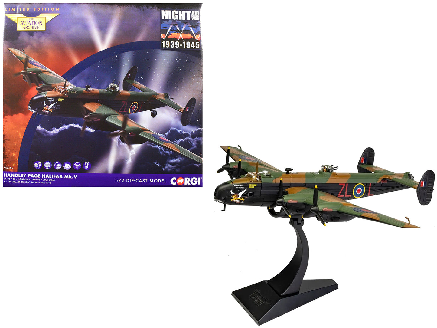 Handley Page Halifax MkV Bomber Aircraft "DK186 London’s Revenge - L for Lana No. 427 Squadron RAF Leeming" (1943) Royal Canadian Air Force "The Aviation Archive" Series 1/72 Diecast Model
