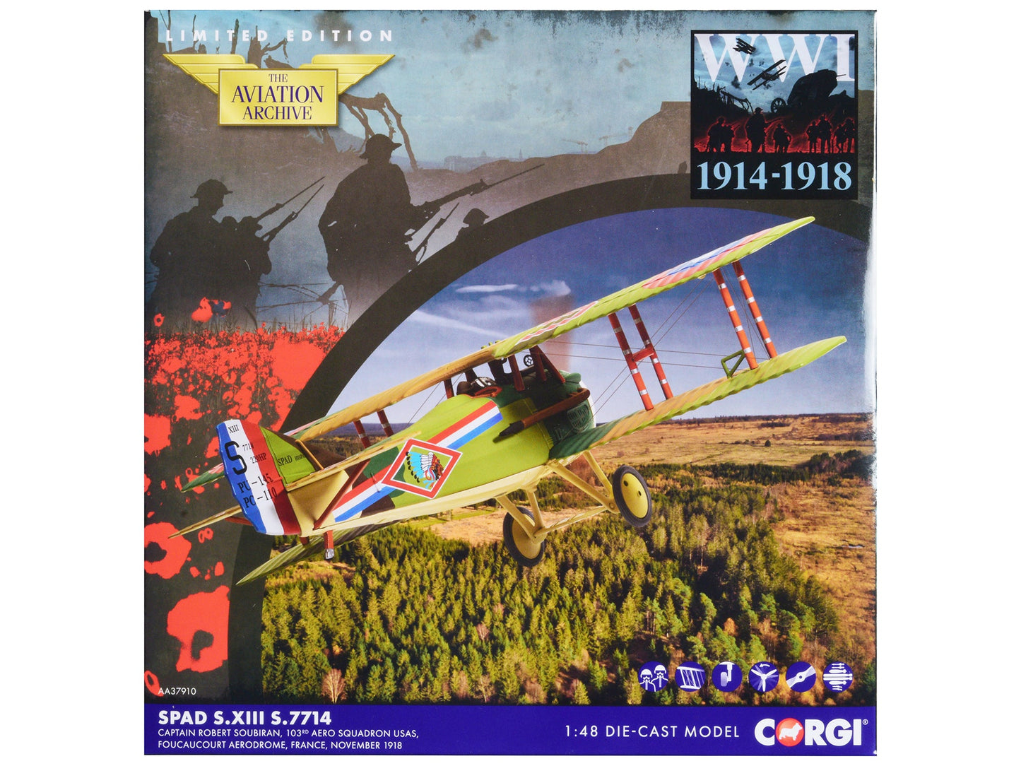 SPAD S.XIII Aircraft "Captain Robert Soubiran 103rd Aero Squadron USAS Foucaucourt Aerodrome France" (1918) United States Army Air Service "The Aviation Archive" Series 1/48 Diecast Model
