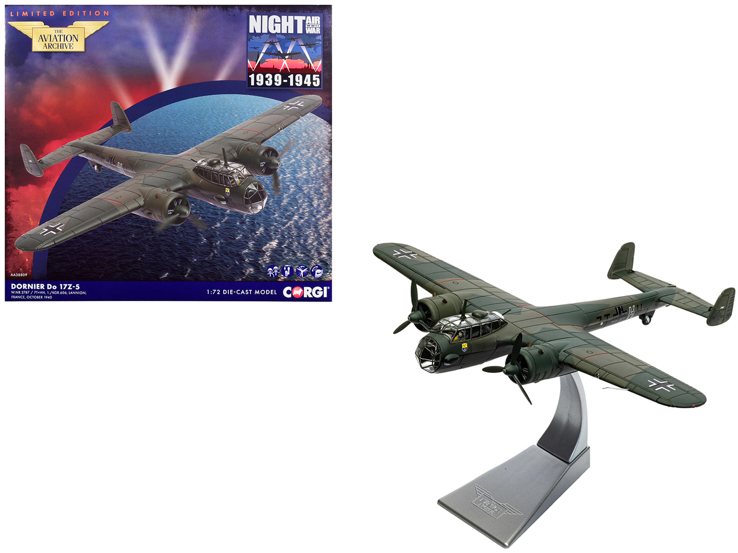 Dornier Do 17Z-5 Aircraft "7T+HH W.Nr.2787 KGR.606 Lannion France" (1940) German Luftwaffe "The Aviation Archive" Series 1/72 Diecast Model Car