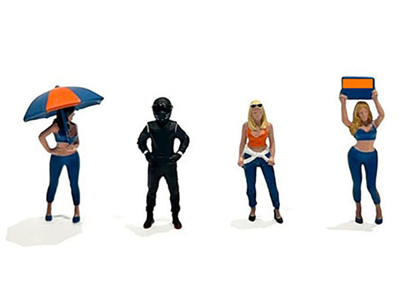 "Grid Girls" 5 piece Diecast Figure Set (4 People Figures 1 Umbrella) Limited Edition to 3600 pieces Worldwide for 1/64 Scale Models
