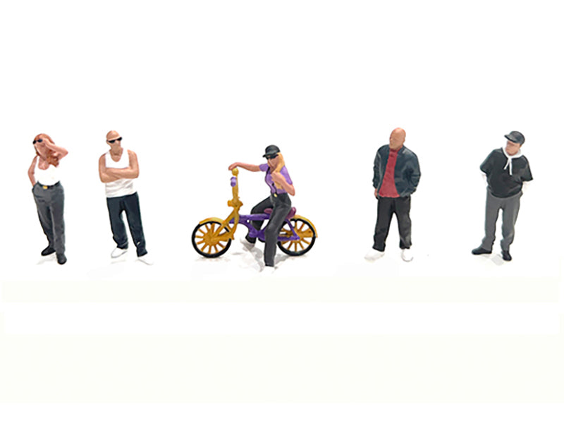"Lowriders #5" 6 piece (5 People 1 Bicycle) Diecast Figures Set 1/64 Scale Models