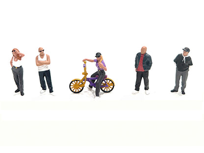 "Lowriders #5" 6 piece (5 People 1 Bicycle) Diecast Figures Set 1/64 Scale Models