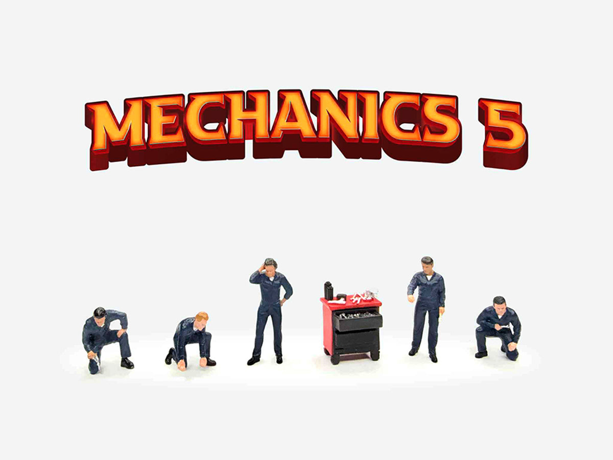 "Mechanics #5" 6 piece Diecast Figure Set (5 Figures 1 Tool Cabinet) Limited Edition for 1/64 Scale Models