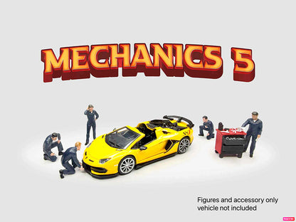 "Mechanics #5" 6 piece Diecast Figure Set (5 Figures 1 Tool Cabinet) Limited Edition for 1/64 Scale Models