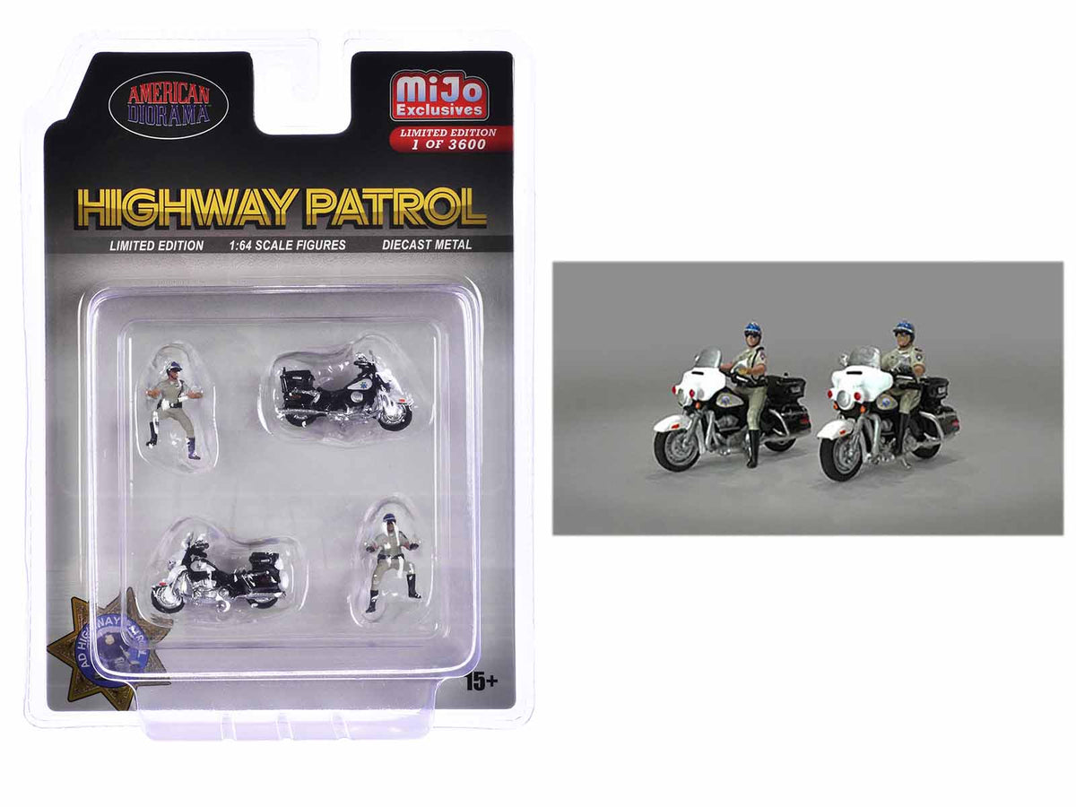 "Highway Patrol" 4 piece Diecast Figure Set (2 Figures 2 Motorcycles) Limited Edition to 3600 pieces Worldwide for 1/64 Scale Models