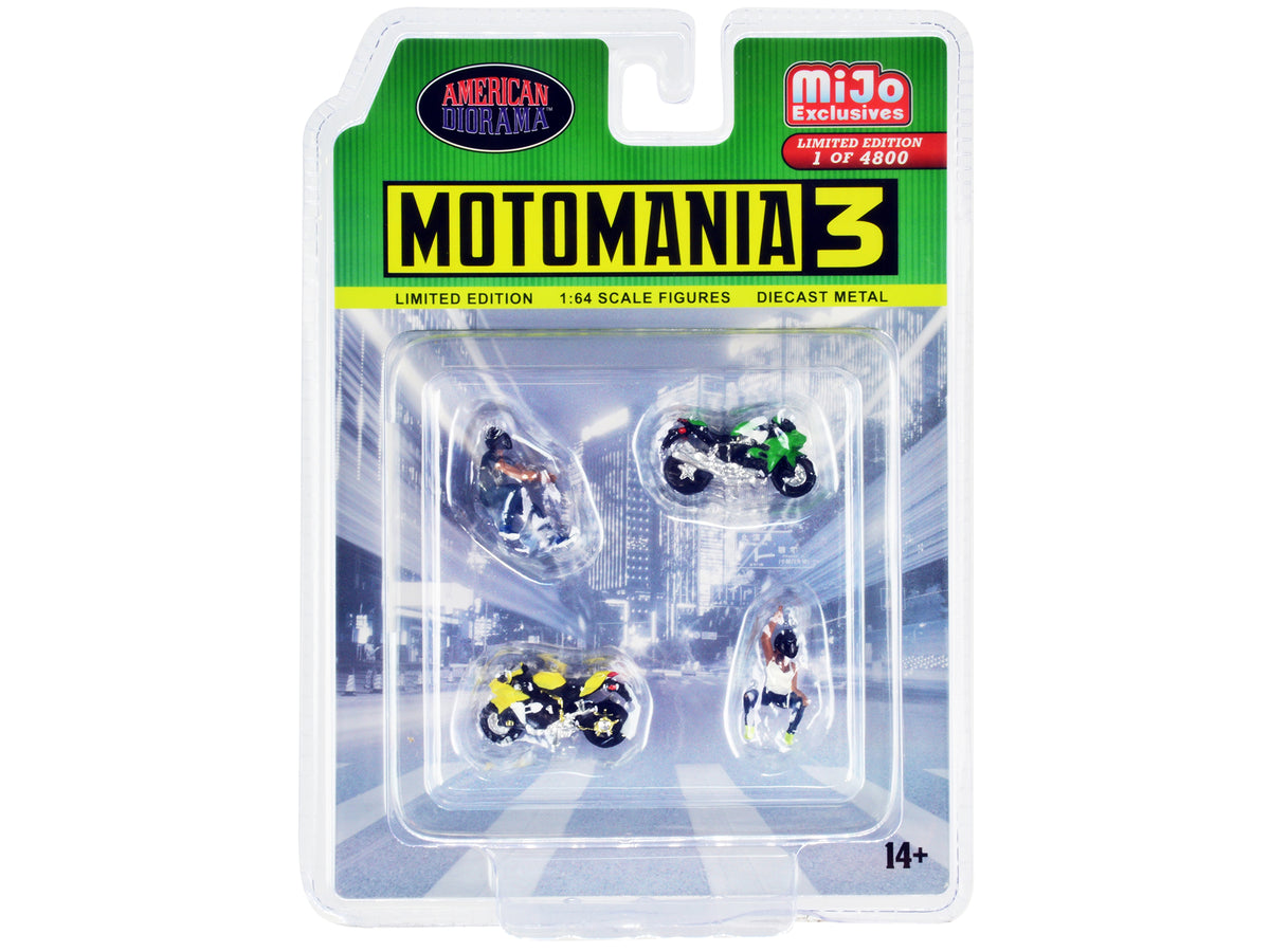 "Motomania 3" 4 piece Diecast Set (2 Figures and 2 Motorcycles) Limited Edition to 4800 pieces Worldwide for 1/64 Scale Models