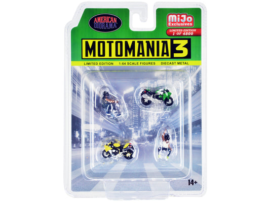 "Motomania 3" 4 piece Diecast Set (2 Figures and 2 Motorcycles) Limited Edition to 4800 pieces Worldwide for 1/64 Scale Models