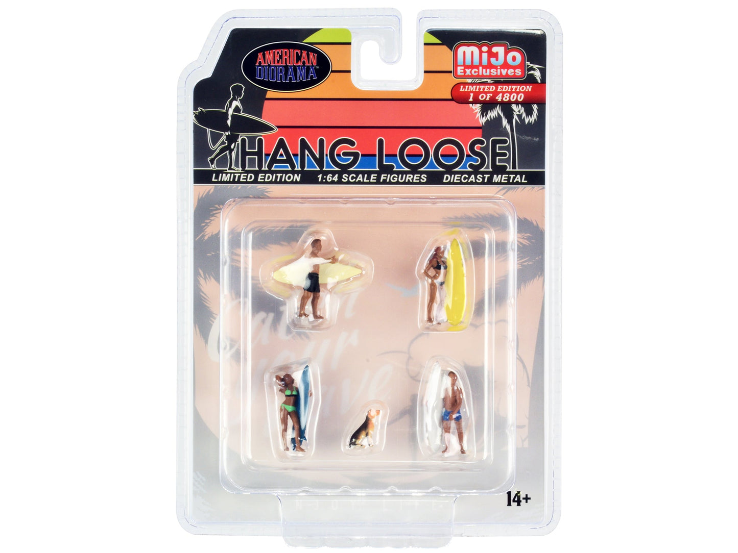 "Hang Loose" 5 piece Diecast Set (4 Surfer Figures and 1 Dog) Limited Edition to 4800 pieces Worldwide for 1/64 Scale Models